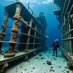 A professional diver in full dive gear, carefully exploring the vast interior of the majestic SS President Coolidge shipwreck in Vanuatu. The scene captures the haunting beauty of the sunken liner, with shafts of natural light penetrating through broken portholes and hatches, illuminating historical artifacts like a vintage military vehicle or a grand, preserved staircase. Schools of fish elegantly swim through the rusted metal structures, which are gradually being integrated into the marine environment with soft coral growth. The diver is depicted in a natural, unposed posture of observation, maintaining a safe distance. Professional underwater photography, sharp focus, clear visibility, high detail, realistic ambient lighting. safe for work, appropriate content, fully clothed, professional, perfect anatomy, correct proportions, well-formed hands, proper finger count, natural body proportions, modest clothing, appropriate attire.