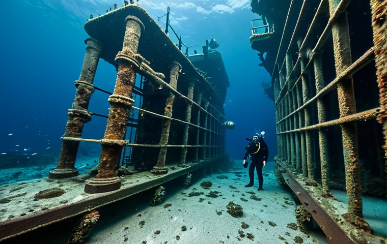 A professional diver in full dive gear, carefully exploring the vast interior of the majestic SS President Coolidge shipwreck in Vanuatu. The scene captures the haunting beauty of the sunken liner, with shafts of natural light penetrating through broken portholes and hatches, illuminating historical artifacts like a vintage military vehicle or a grand, preserved staircase. Schools of fish elegantly swim through the rusted metal structures, which are gradually being integrated into the marine environment with soft coral growth. The diver is depicted in a natural, unposed posture of observation, maintaining a safe distance. Professional underwater photography, sharp focus, clear visibility, high detail, realistic ambient lighting. safe for work, appropriate content, fully clothed, professional, perfect anatomy, correct proportions, well-formed hands, proper finger count, natural body proportions, modest clothing, appropriate attire.
