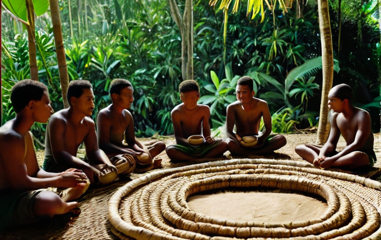 바누아투 원주민의 생활 방식 - **Vanuatu Village Harmony**: A vibrant, realistic depiction of a traditional indigenous village in V...