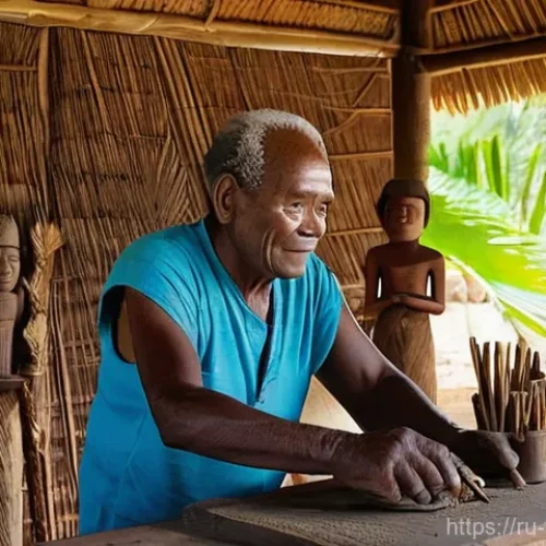 바누아투의 공예품과 기념품 - **Prompt:** A serene, elderly Ni-Vanuatu master artisan, with weathered hands, meticulously carves a...
