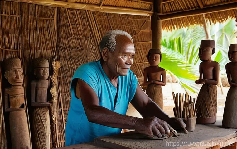 바누아투의 공예품과 기념품 - **Prompt:** A serene, elderly Ni-Vanuatu master artisan, with weathered hands, meticulously carves a...