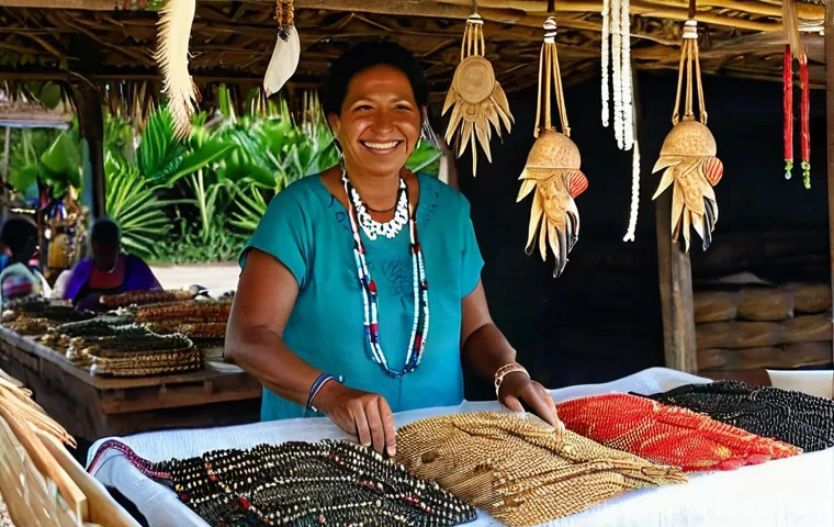 바누아투의 공예품과 기념품 - **Prompt:** A group of smiling Ni-Vanuatu women are engaged in weaving vibrant, large pandanus leaf ...