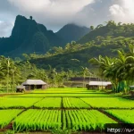 Home 17 바누아투의 경제 성장 전망 - A vibrant scene of a sustainable organic farm in Vanuatu with local farmers tending to lush tropical...