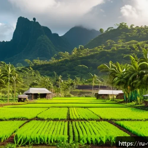 Home 11 바누아투의 경제 성장 전망 - A vibrant scene of a sustainable organic farm in Vanuatu with local farmers tending to lush tropical...