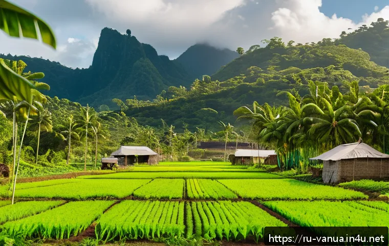 바누아투의 경제 성장 전망 - A vibrant scene of a sustainable organic farm in Vanuatu with local farmers tending to lush tropical...