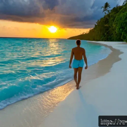 바누아투에서 로맨틱한 여행지 - Photorealistic romantic sunset at Champagne Beach, Espiritu Santo, Vanuatu, a young adult Russian co...