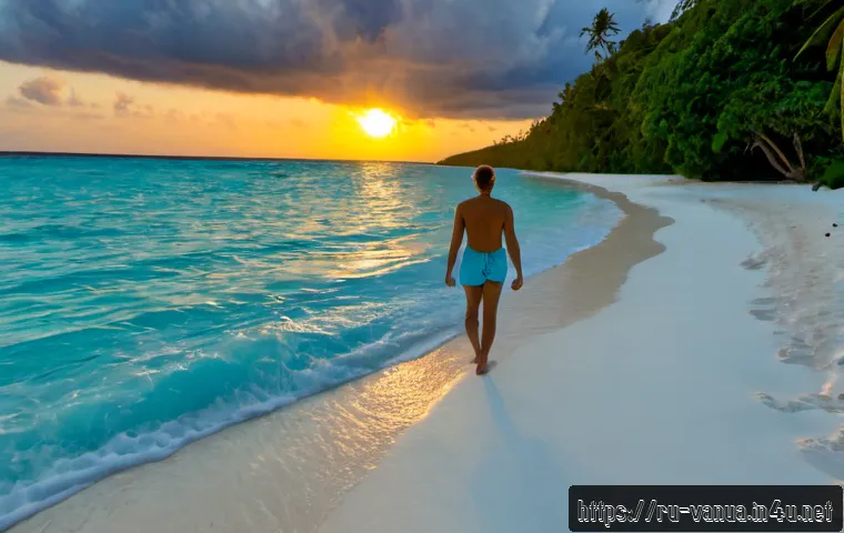 바누아투에서 로맨틱한 여행지 - Photorealistic romantic sunset at Champagne Beach, Espiritu Santo, Vanuatu, a young adult Russian co...