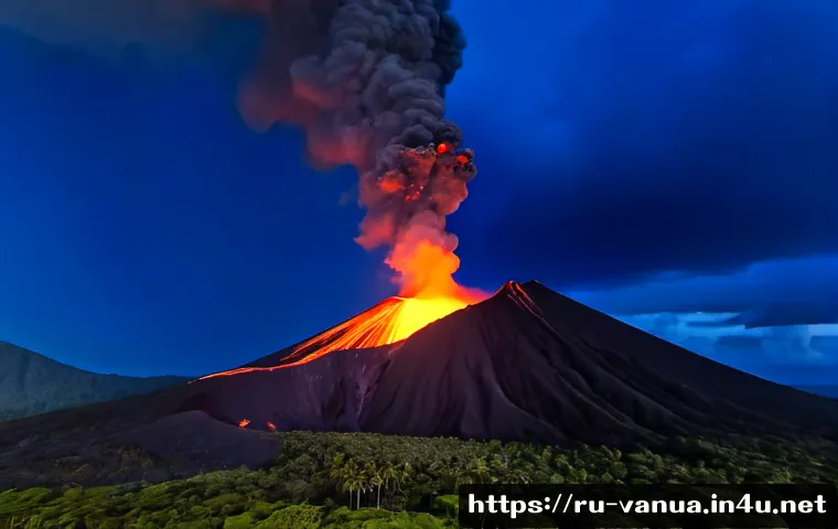 Home 15 바누아투에서의 화산 활동 - Photorealistic wide aerial view of Mount Yasur volcano on Tanna Island, Vanuatu, actively erupting a...