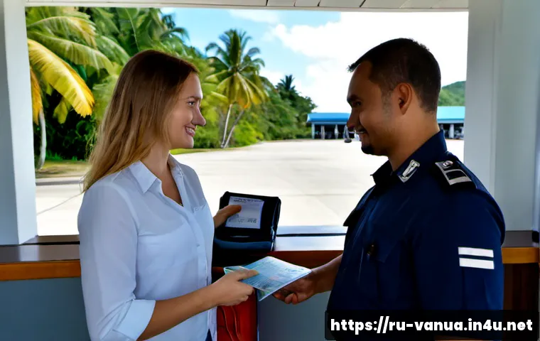 Home 17 바누아투 입국 시 주의사항 - Photorealistic travel entry scene at a small tropical Vanuatu airport, a Russian-speaking adult trav...