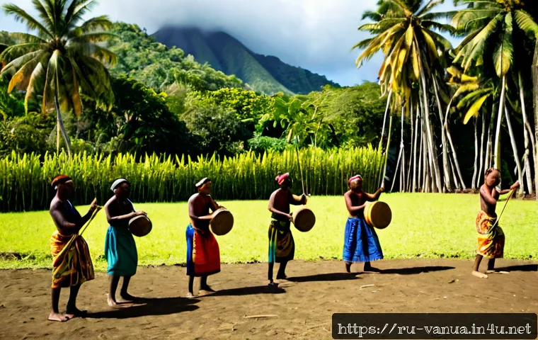 Home 17 바누아투 전통 문화 - Photorealistic documentary scene of Vanuatu traditional culture, Ni-Vanuatu men and women in modest ...