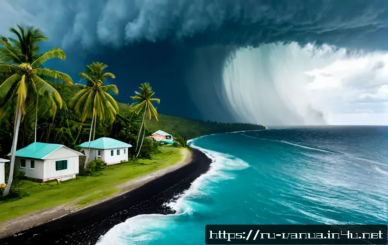 바누아투에서 자주 발생하는 태풍 - Photorealistic tropical cyclone approaching a coastal village in Vanuatu, dark spiraling storm cloud...